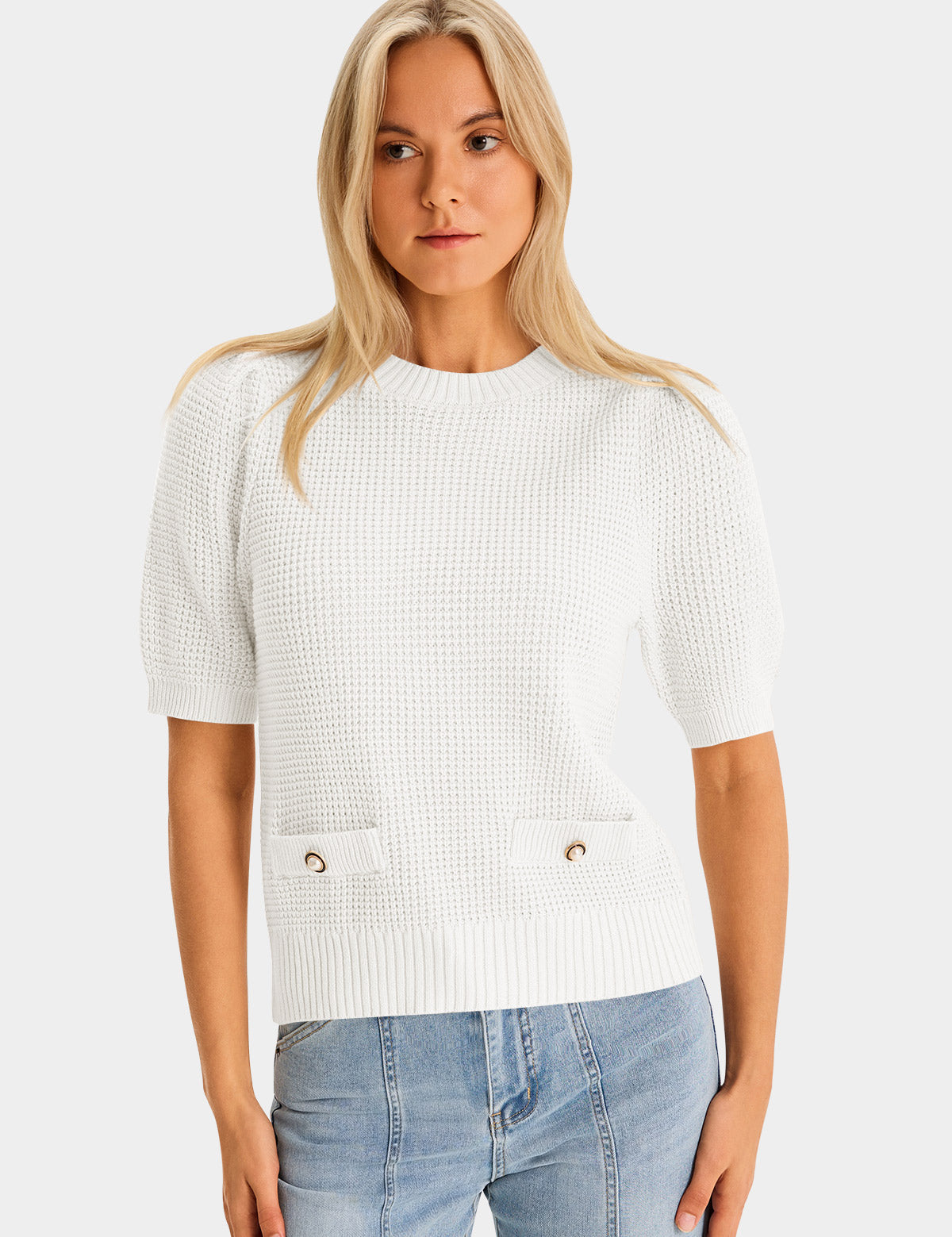 Womens White Puff Short Sleeve Sweaters Tops 2