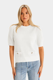 Womens White Puff Short Sleeve Sweaters Tops 2