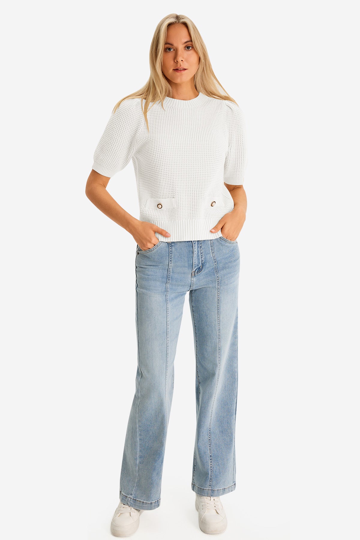 Womens White Puff Short Sleeve Sweaters Tops | CicyBell