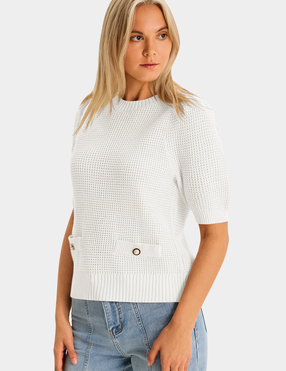 Womens White Puff Short Sleeve Sweaters Tops 3