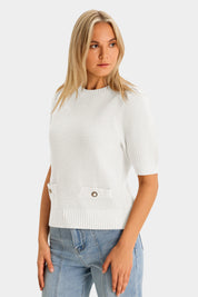 Womens White Puff Short Sleeve Sweaters Tops 3