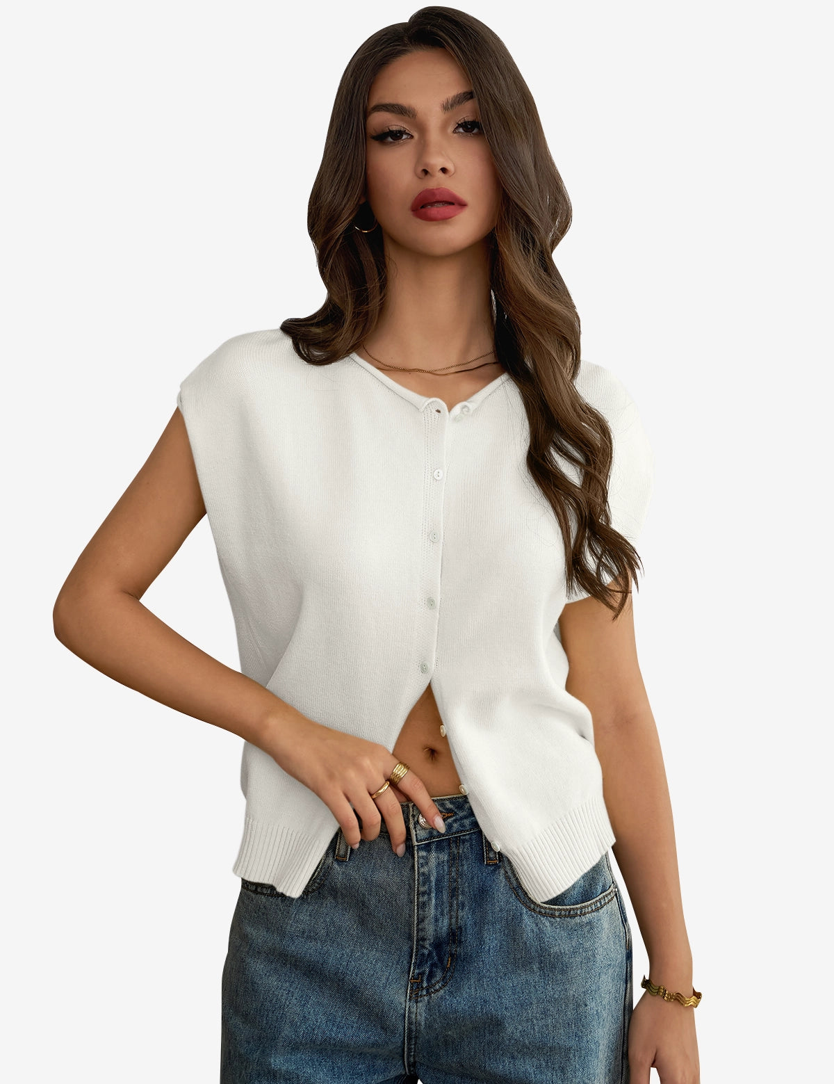 Womens White Cap Sleeve Sweater Vest