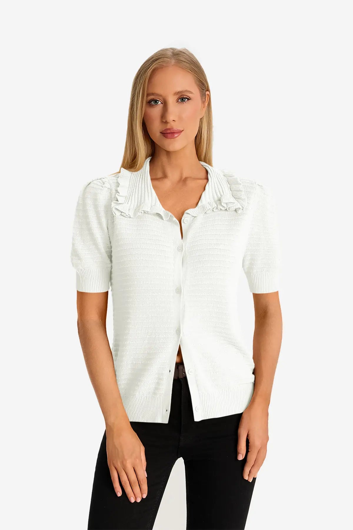 White Ruffle Peter Pan Collar Cardigan Sweater 1