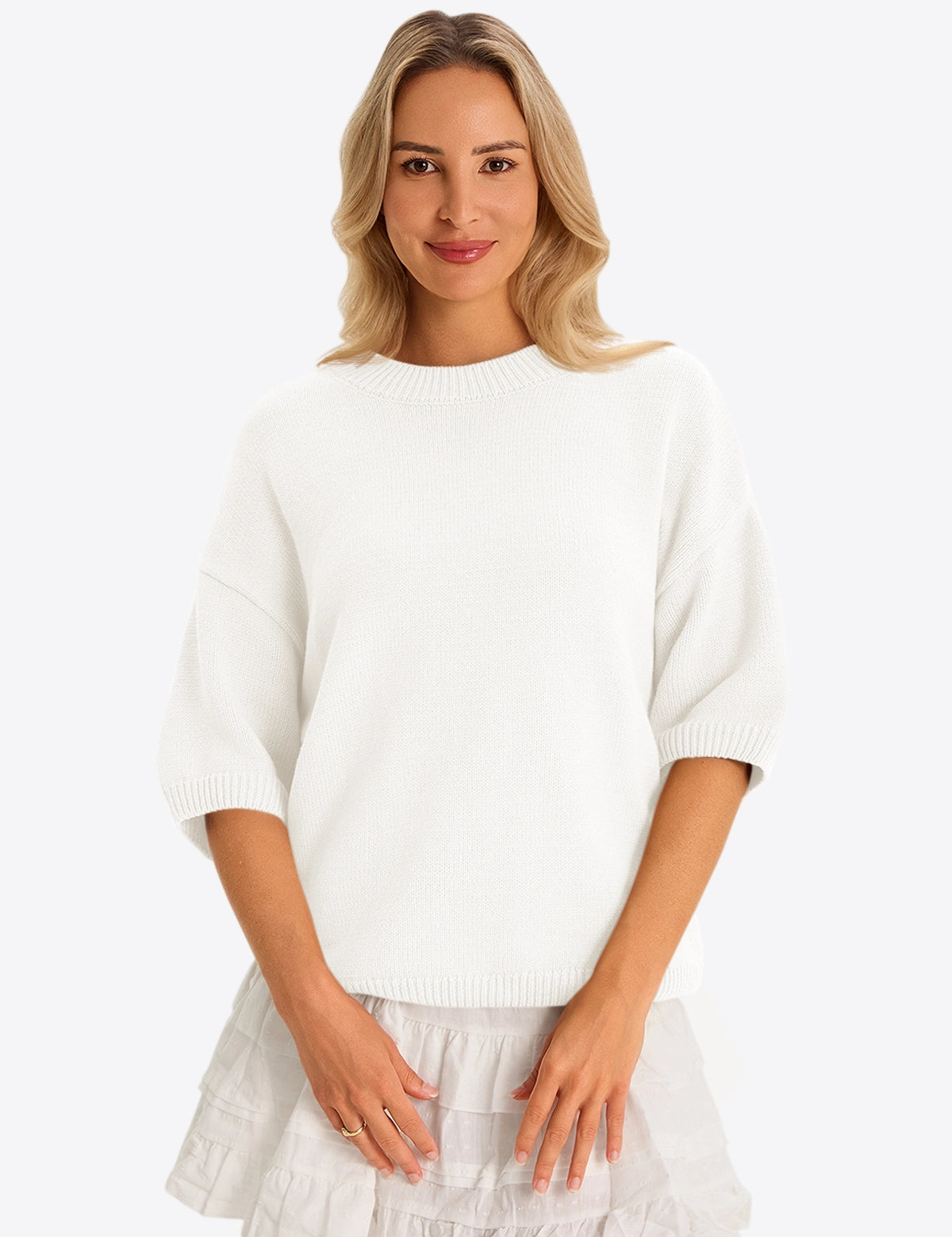 Womens White Half Sleeve Sweaters 1