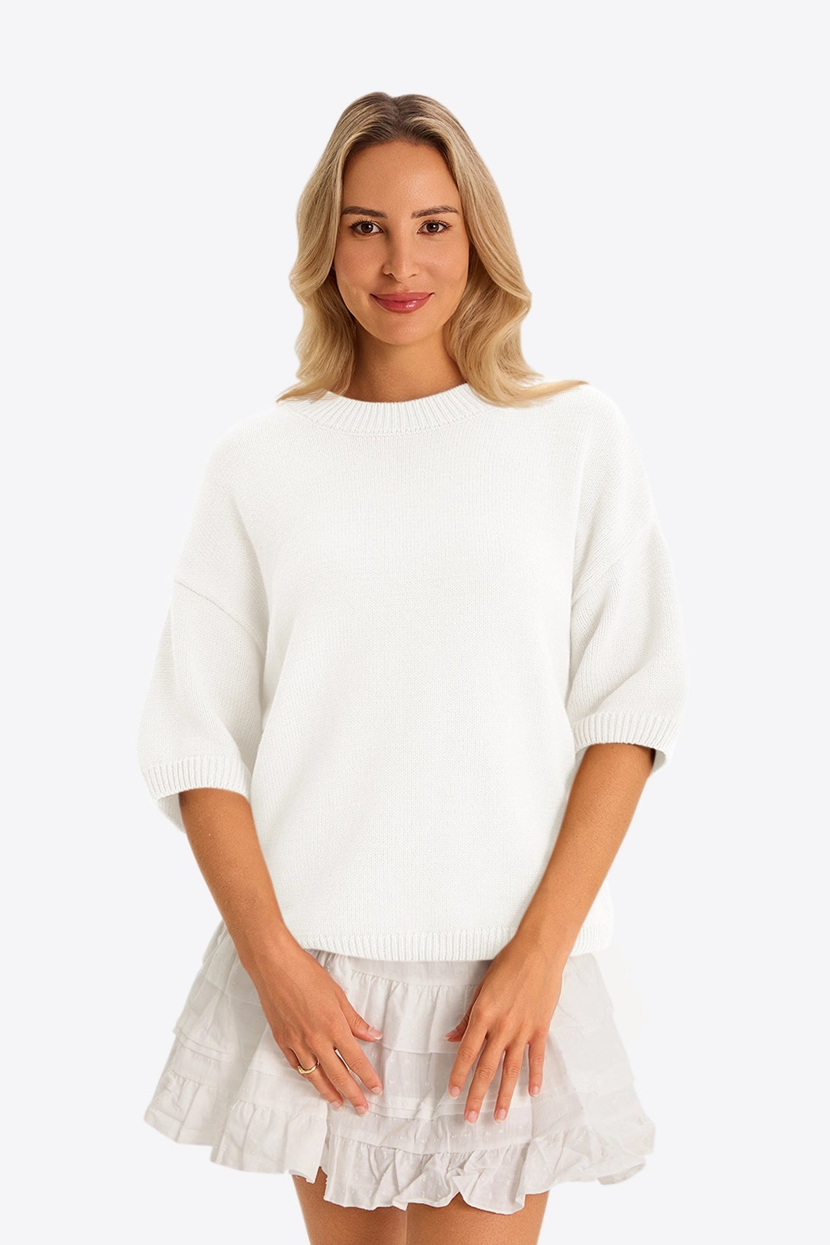Womens White Half Sleeve Sweaters 1