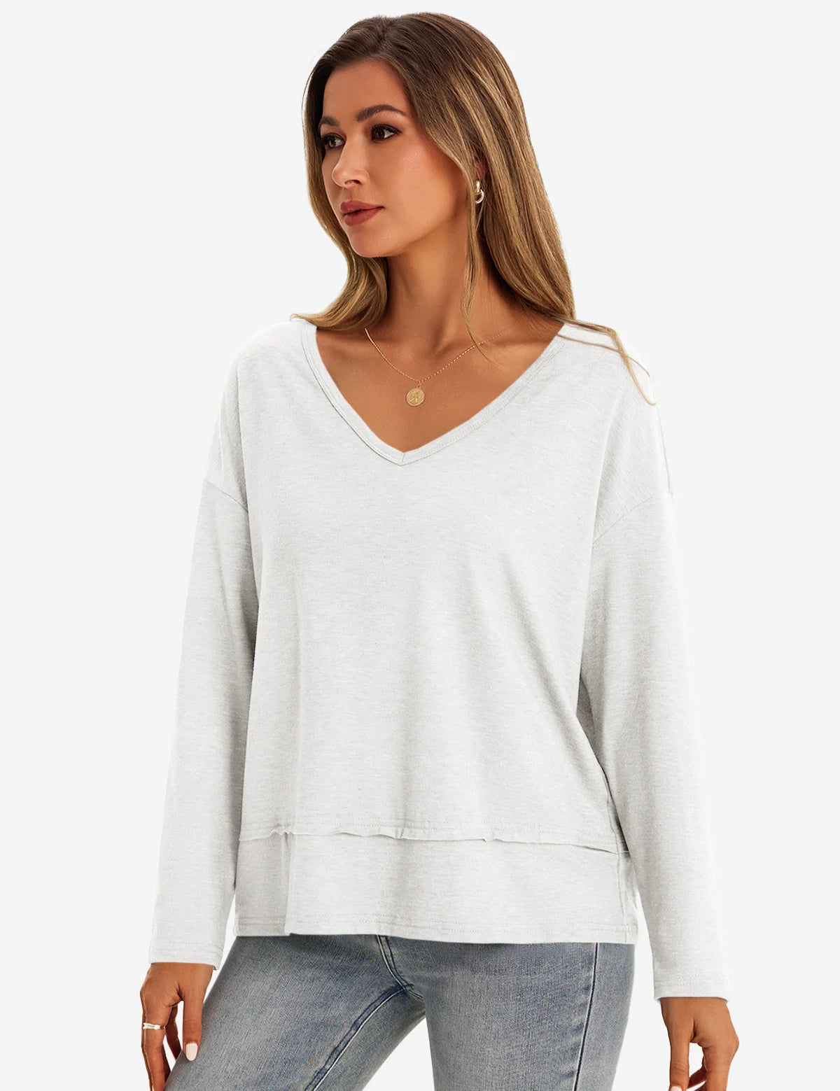 Womens White V Neck Casual Flowy Tops 1