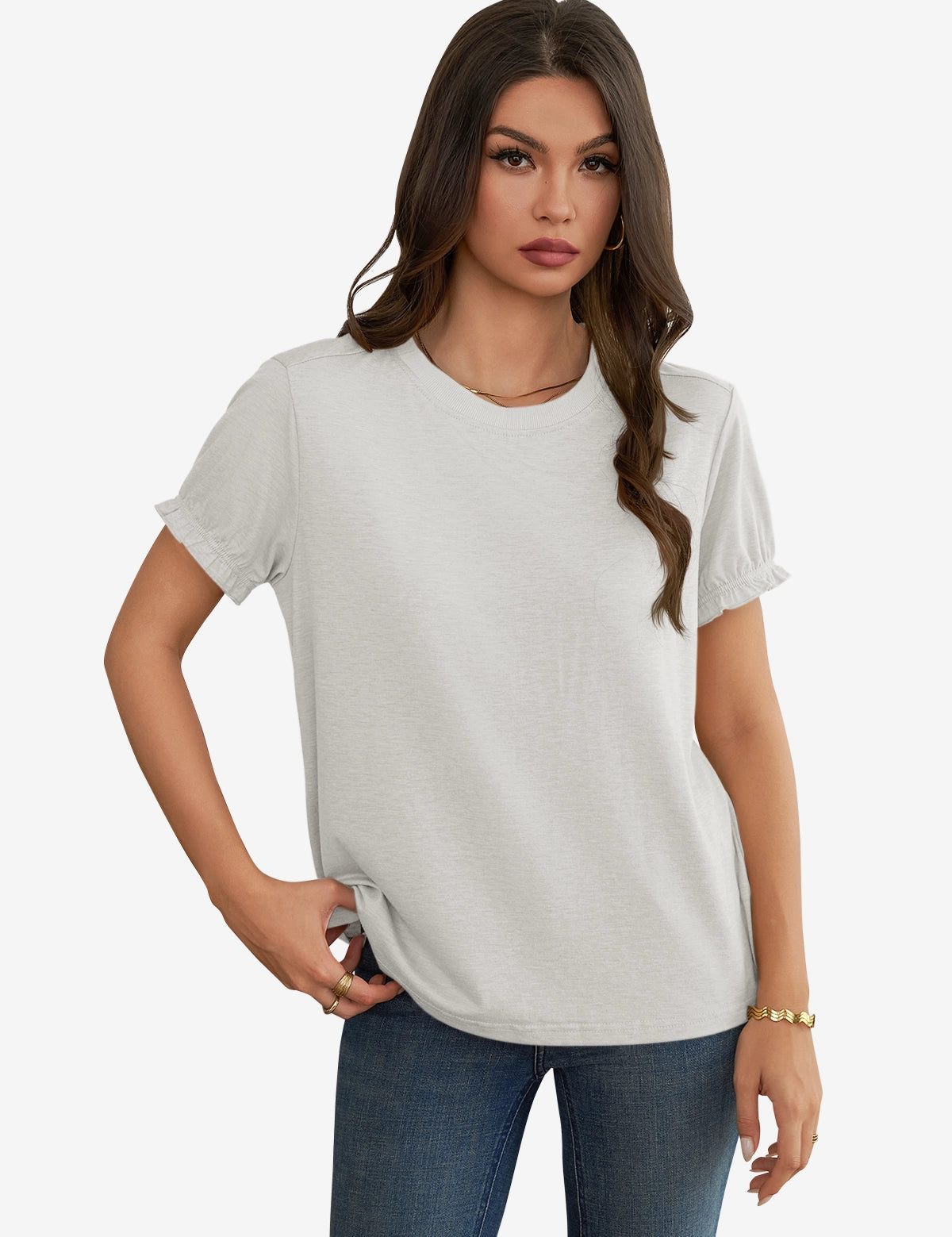 Womens White Ruffle Short Sleeve T Shirt 1
