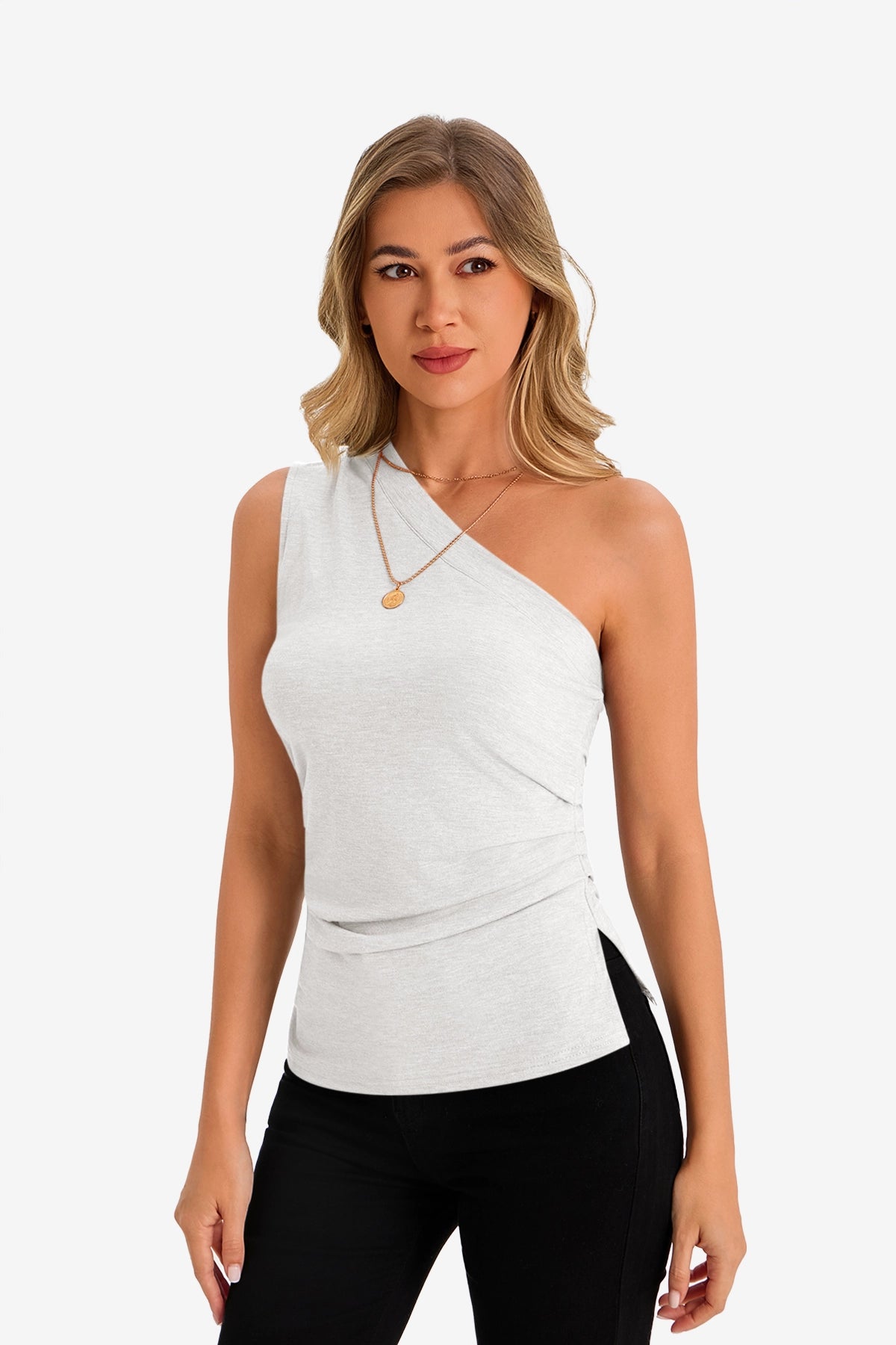 Womens White One Shoulder Tank Tops 1