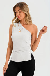Womens White One Shoulder Tank Tops 3