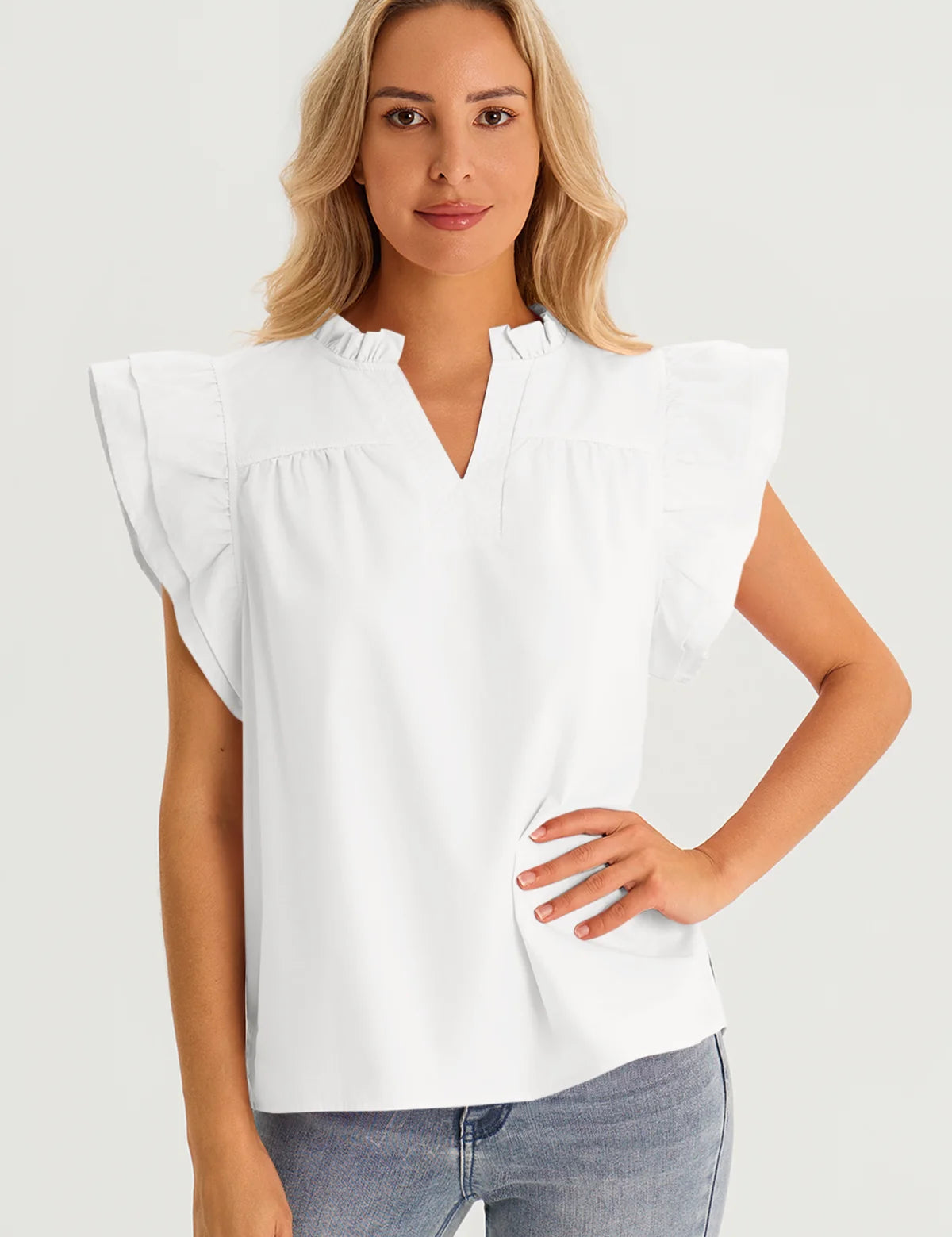Womens White Ruffle Cap Sleeve Tank Tops 1