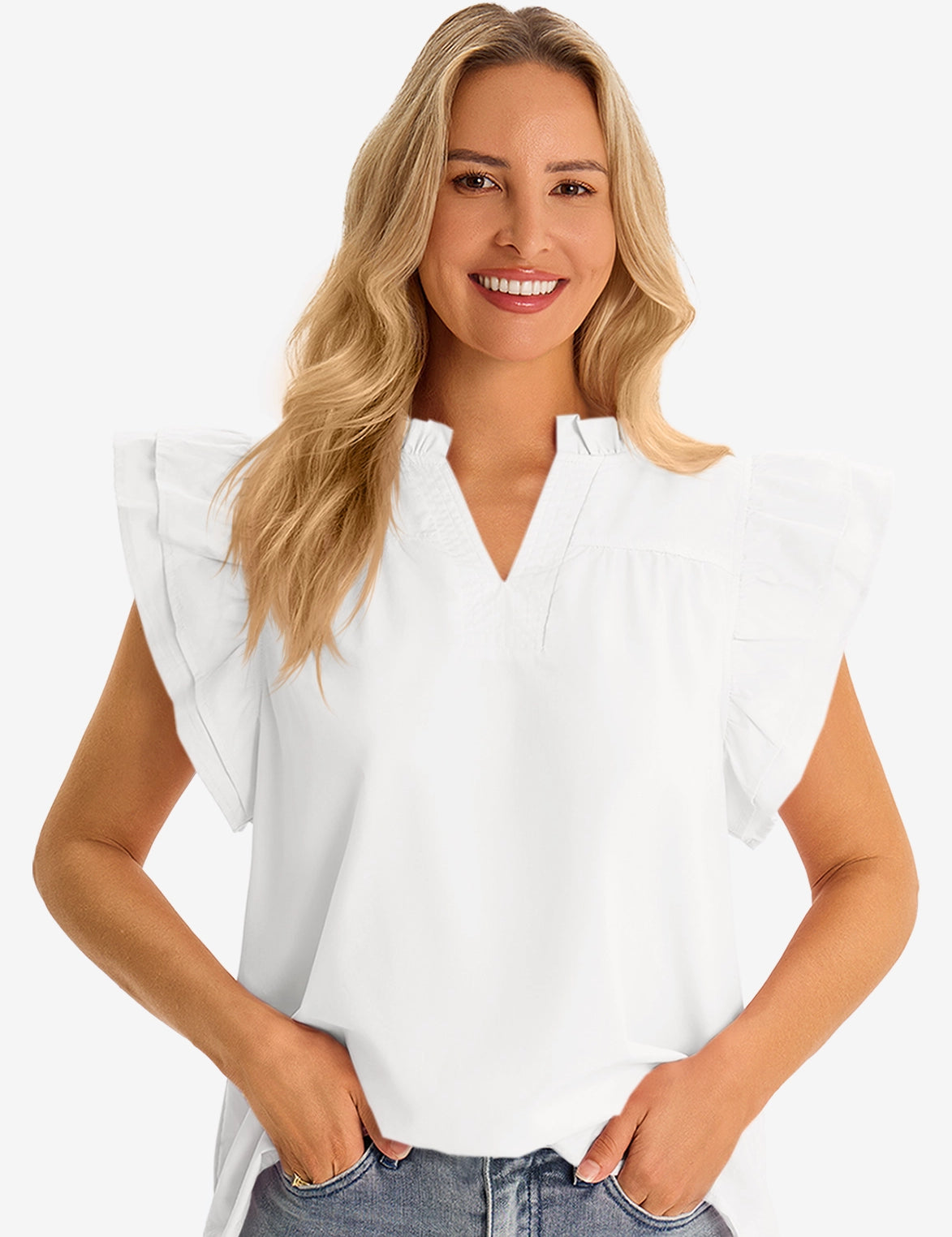 Womens White Ruffle Cap Sleeve Tank Tops 2