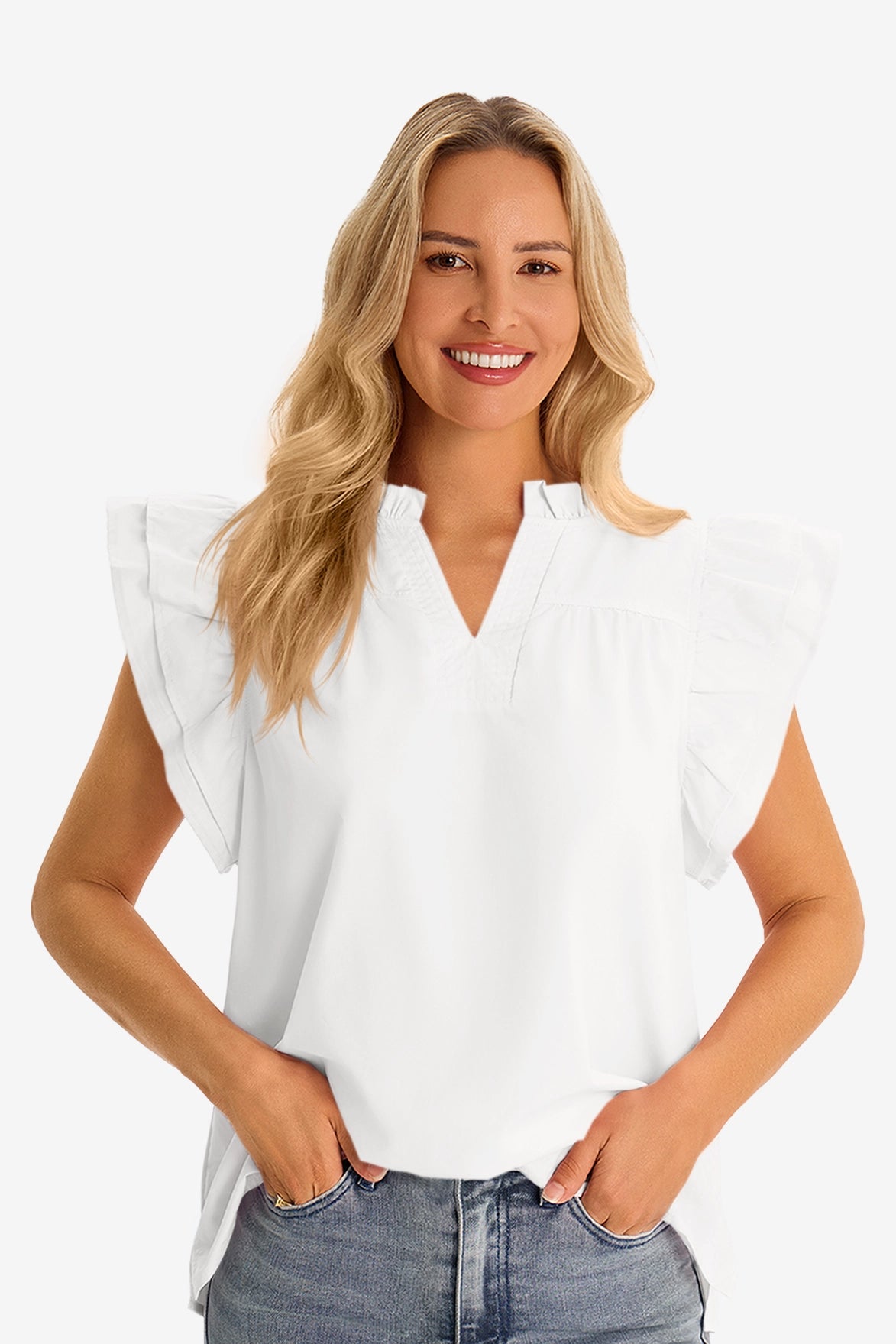 Womens White Ruffle Cap Sleeve Tank Tops 2
