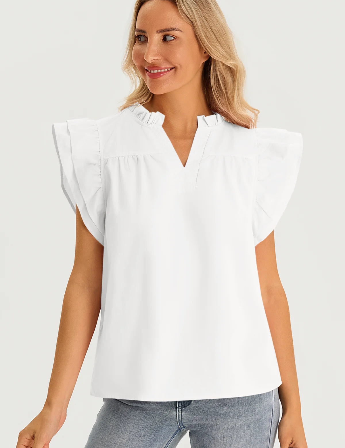 Womens White Ruffle Cap Sleeve Tank Tops 3
