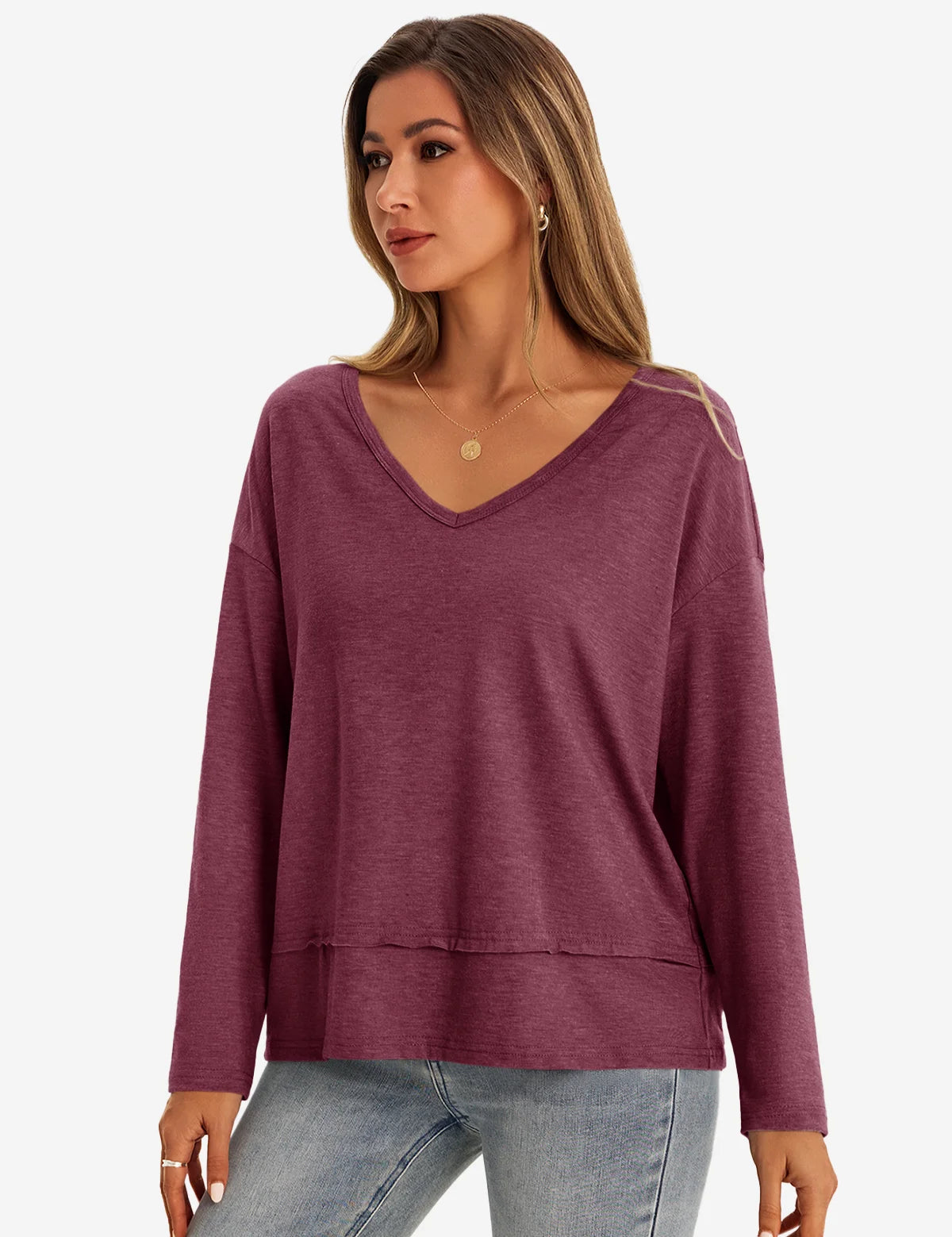 Womens Wine Red V Neck Casual Flowy Tops 1