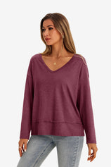 Womens Wine Red V Neck Casual Flowy Tops 1