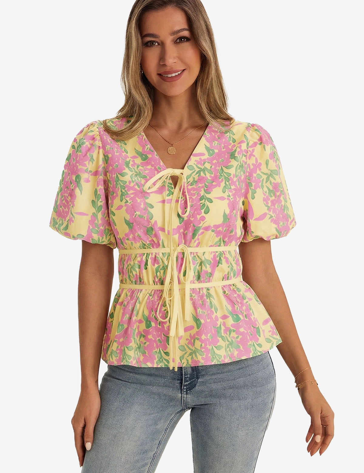 Womens Yellow Puff Sleeve Floral Print Blouses 1