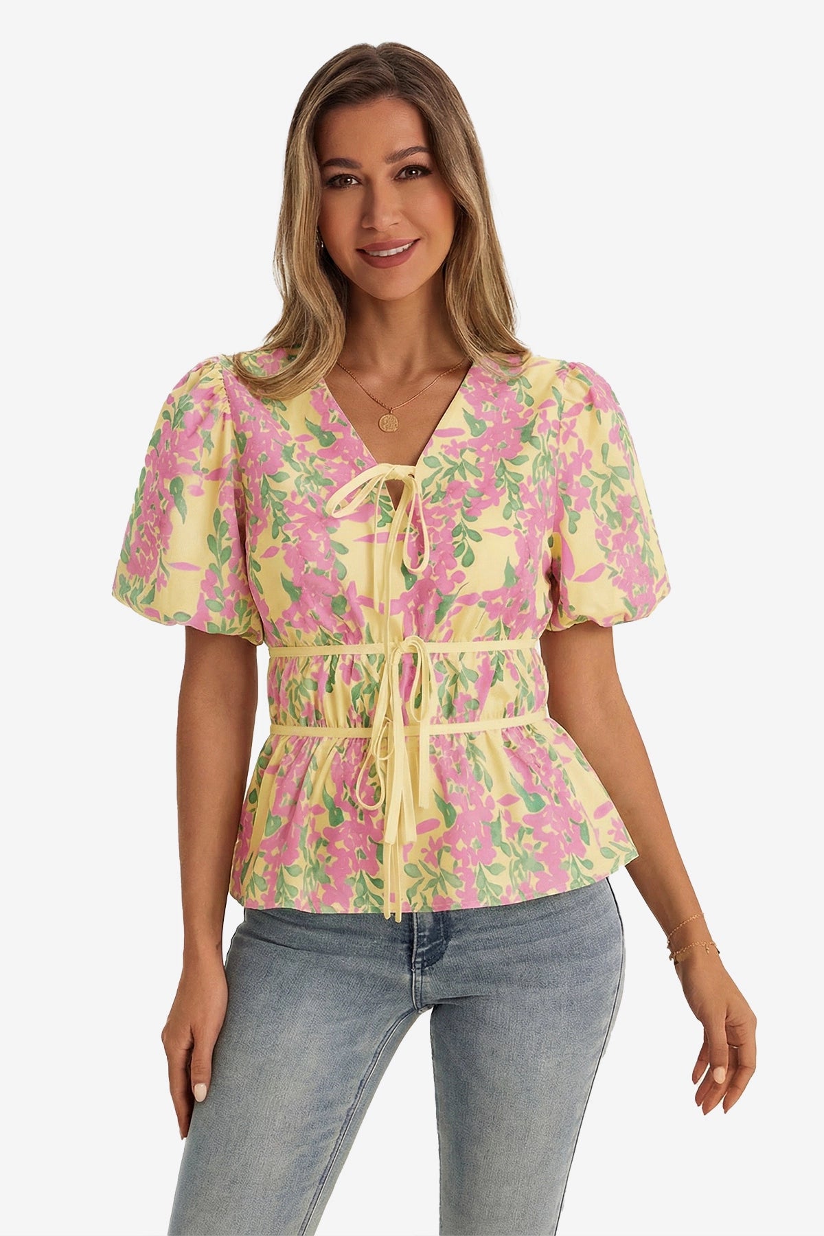 Womens Yellow Puff Sleeve Floral Print Blouses 1