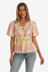 Womens Yellow Puff Sleeve Floral Print Blouses 1