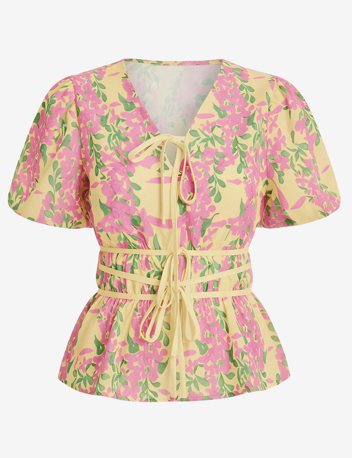 Womens Yellow Puff Sleeve Floral Print Blouses 2