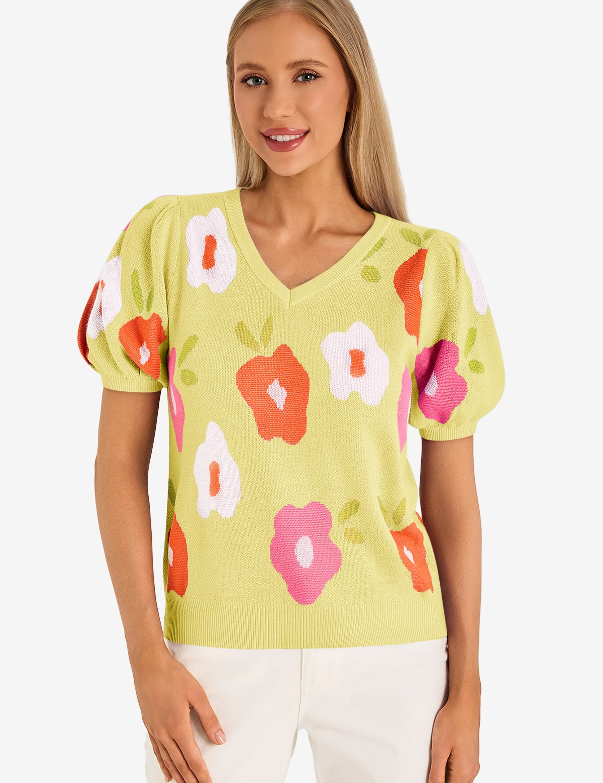 Womens Yellow Floral Puff Short Sleeve Sweater 1