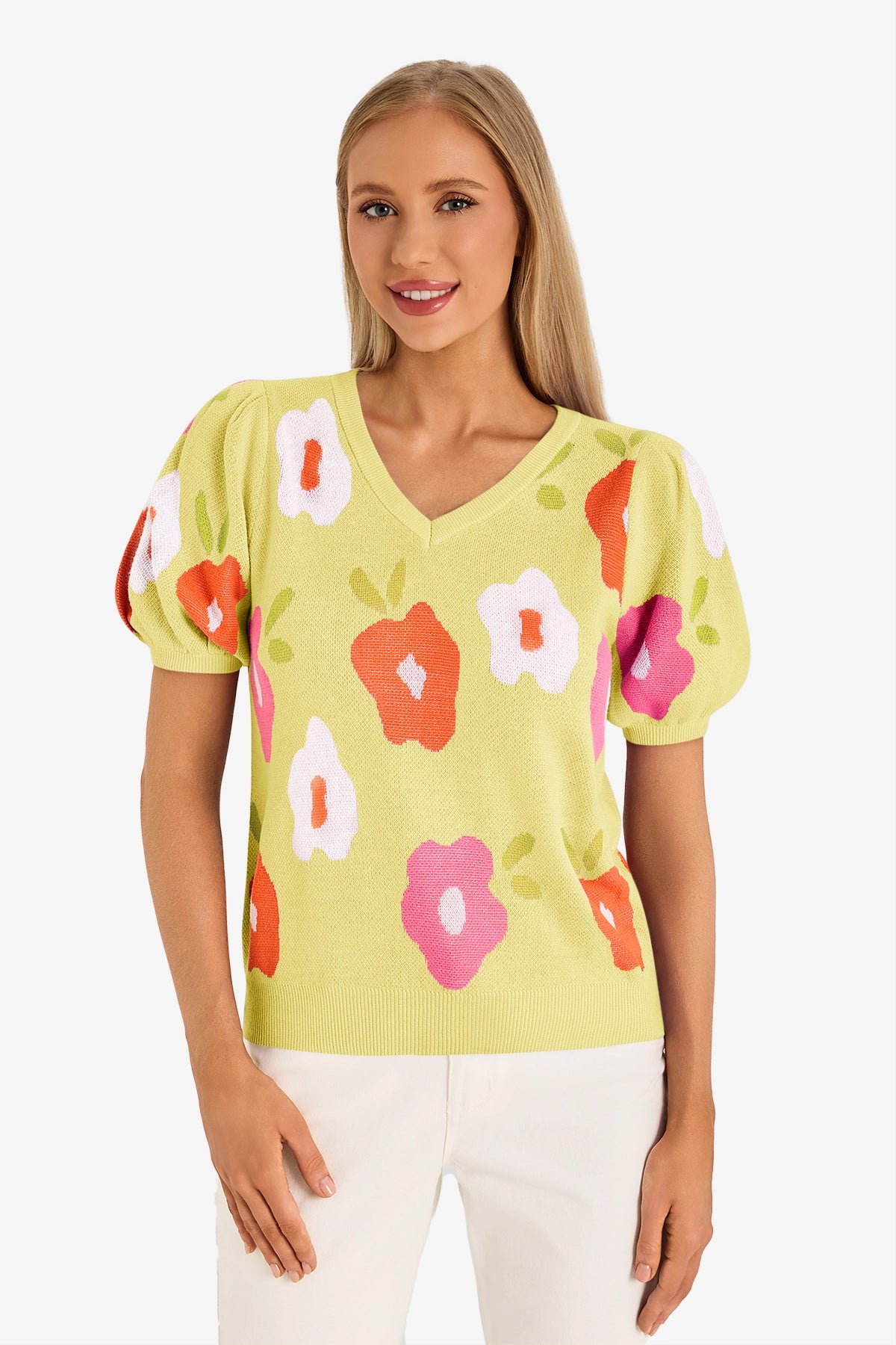 Womens Yellow Floral Puff Short Sleeve Sweater 1