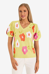 Womens Yellow Floral Puff Short Sleeve Sweater 1