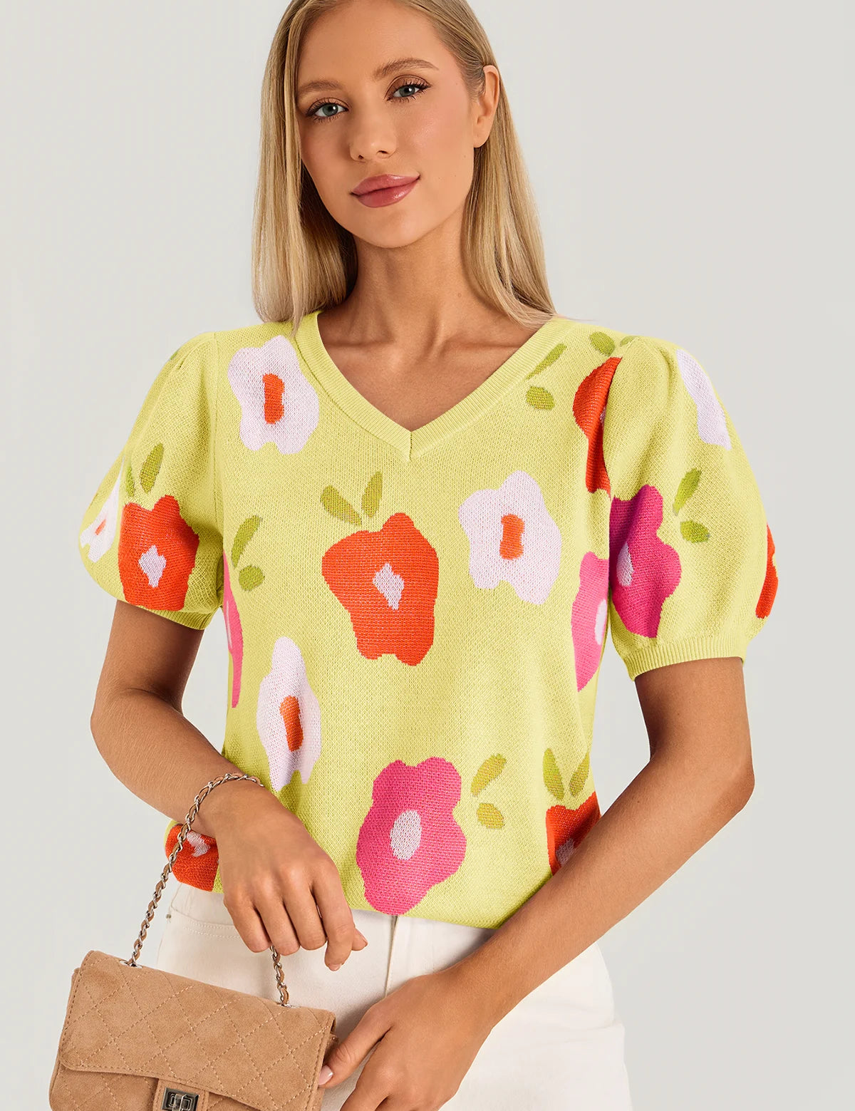 Womens Yellow Floral Puff Short Sleeve Sweater 2