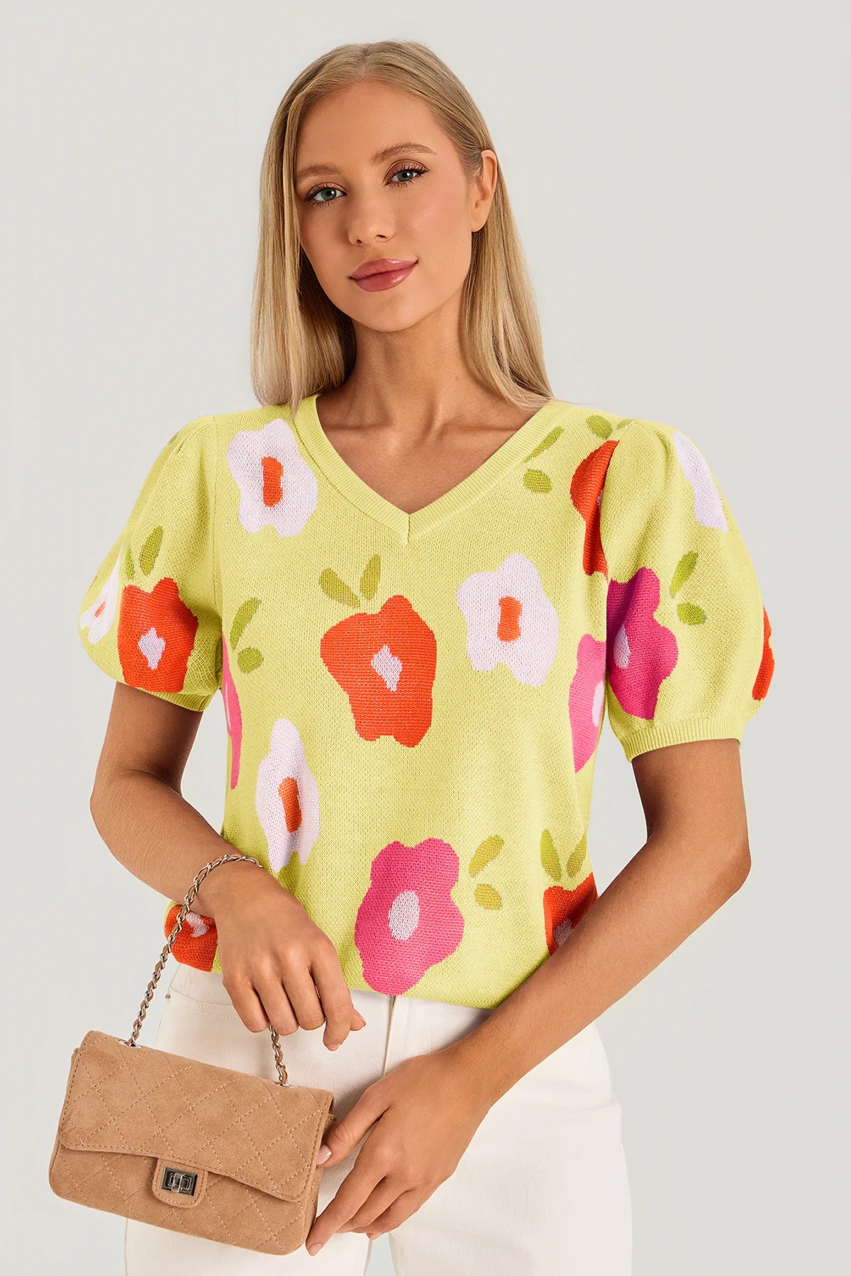 Womens Yellow Floral Puff Short Sleeve Sweater 2
