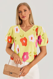 Womens Yellow Floral Puff Short Sleeve Sweater 2
