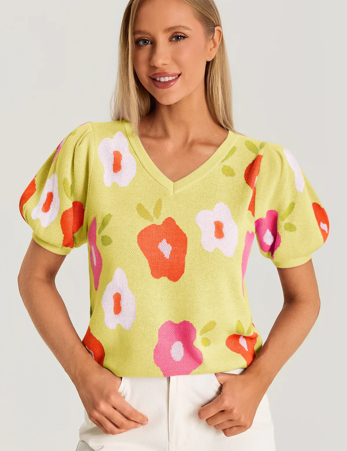Womens Yellow Floral Puff Short Sleeve Sweater 3