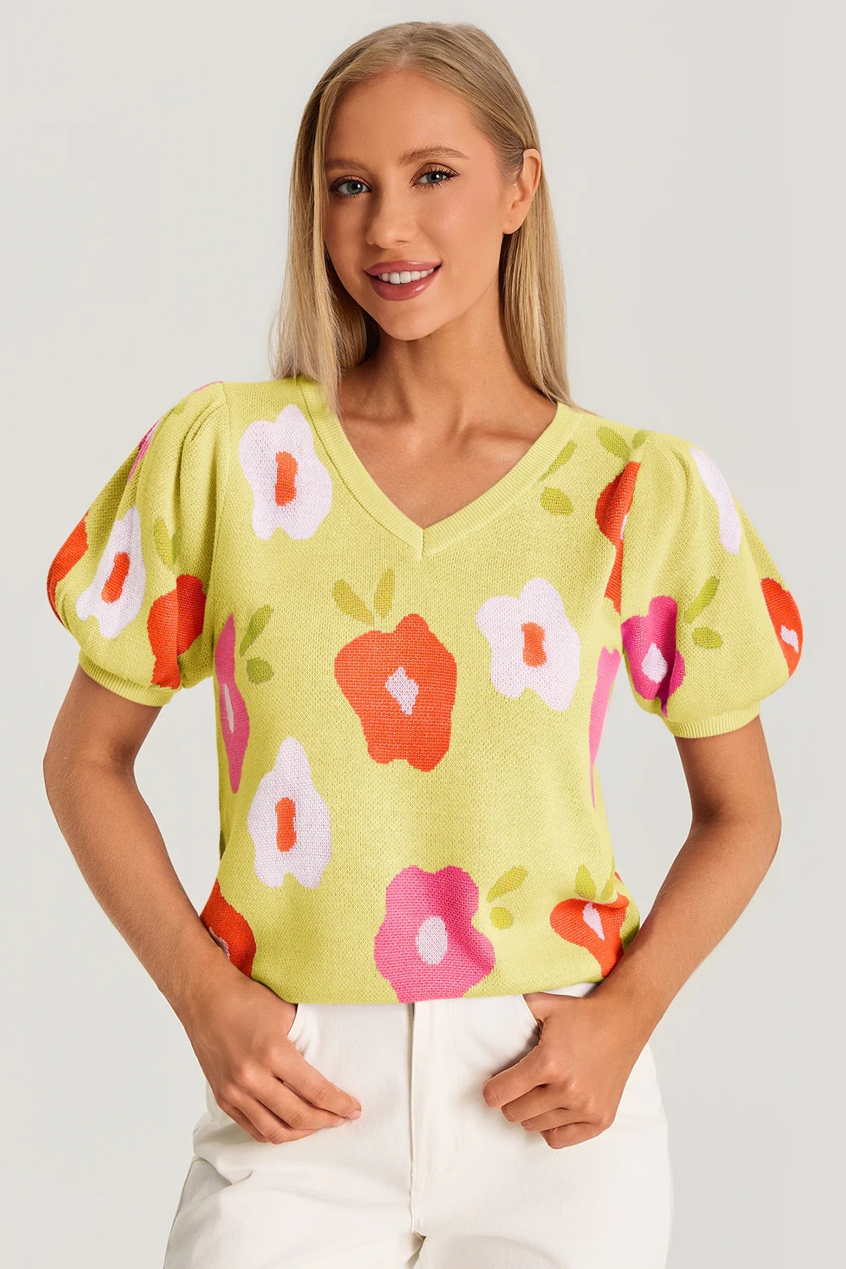 Womens Yellow Floral Puff Short Sleeve Sweater 3