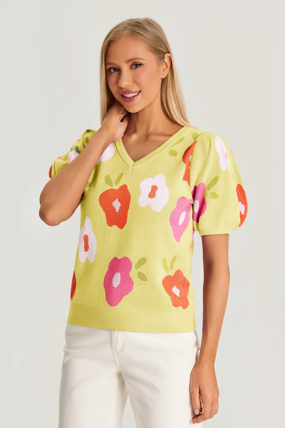Womens Yellow Floral Puff Short Sleeve Sweater | CicyBell