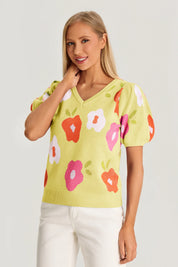 Womens Yellow Floral Puff Short Sleeve Sweater | CicyBell