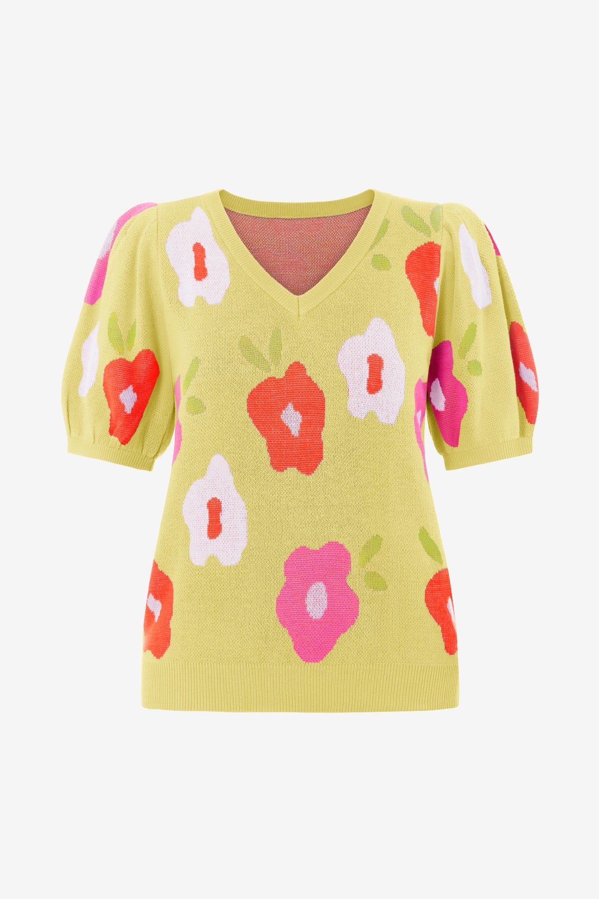 Womens Yellow Floral Puff Short Sleeve Sweater | CicyBell