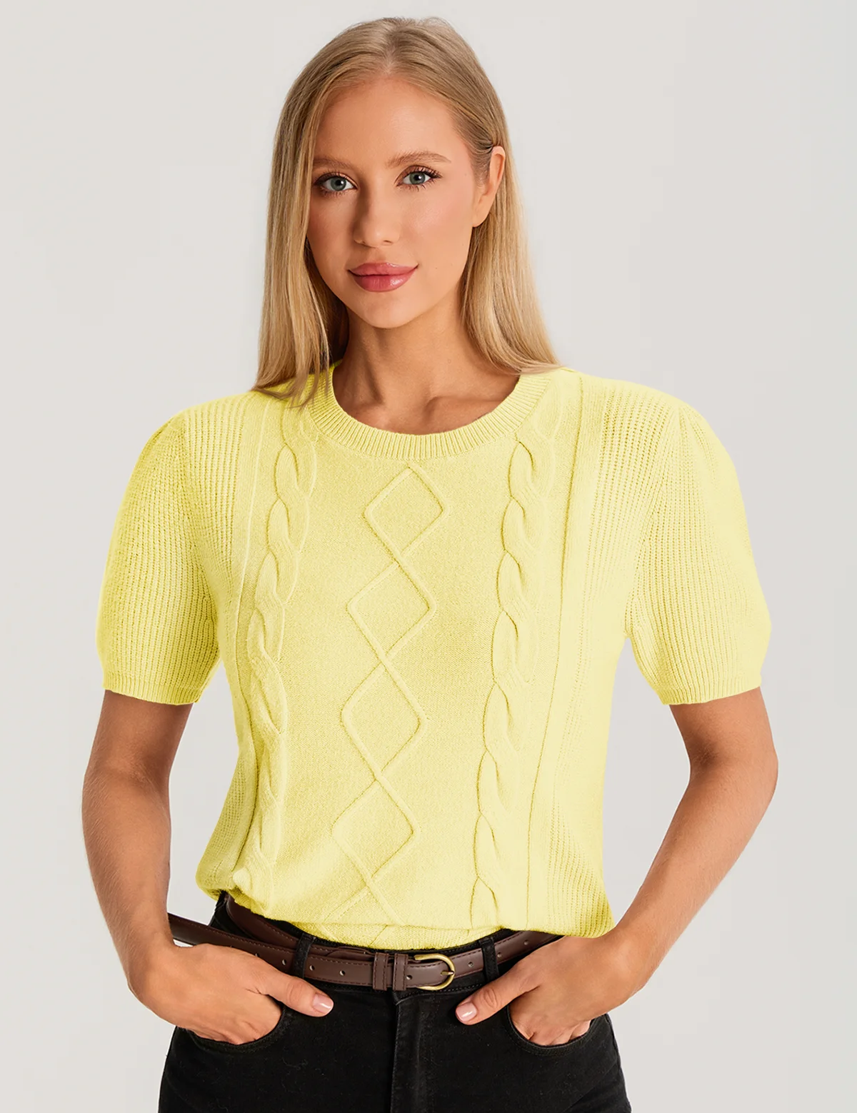 Womens Yellow Puff Short Sleeve Sweater 3