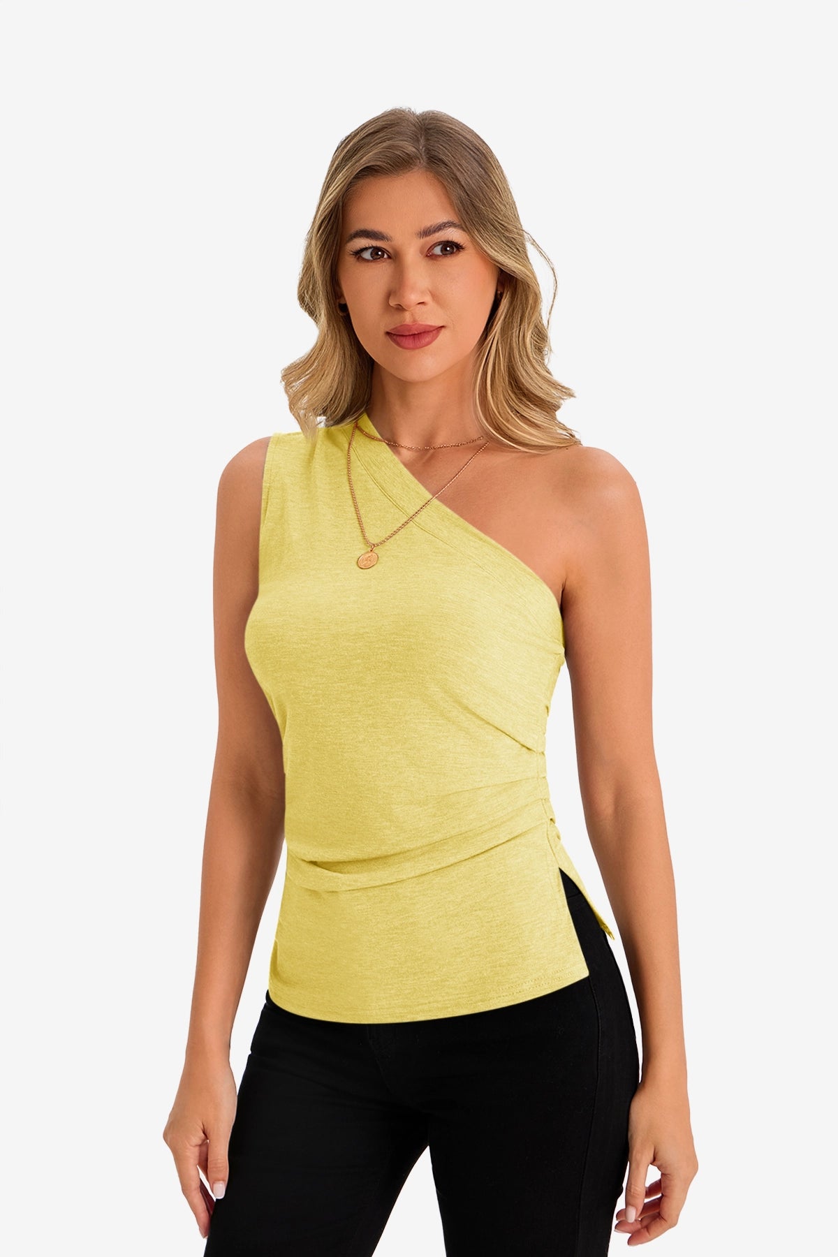 Womens Yellow One Shoulder Tank Tops 1