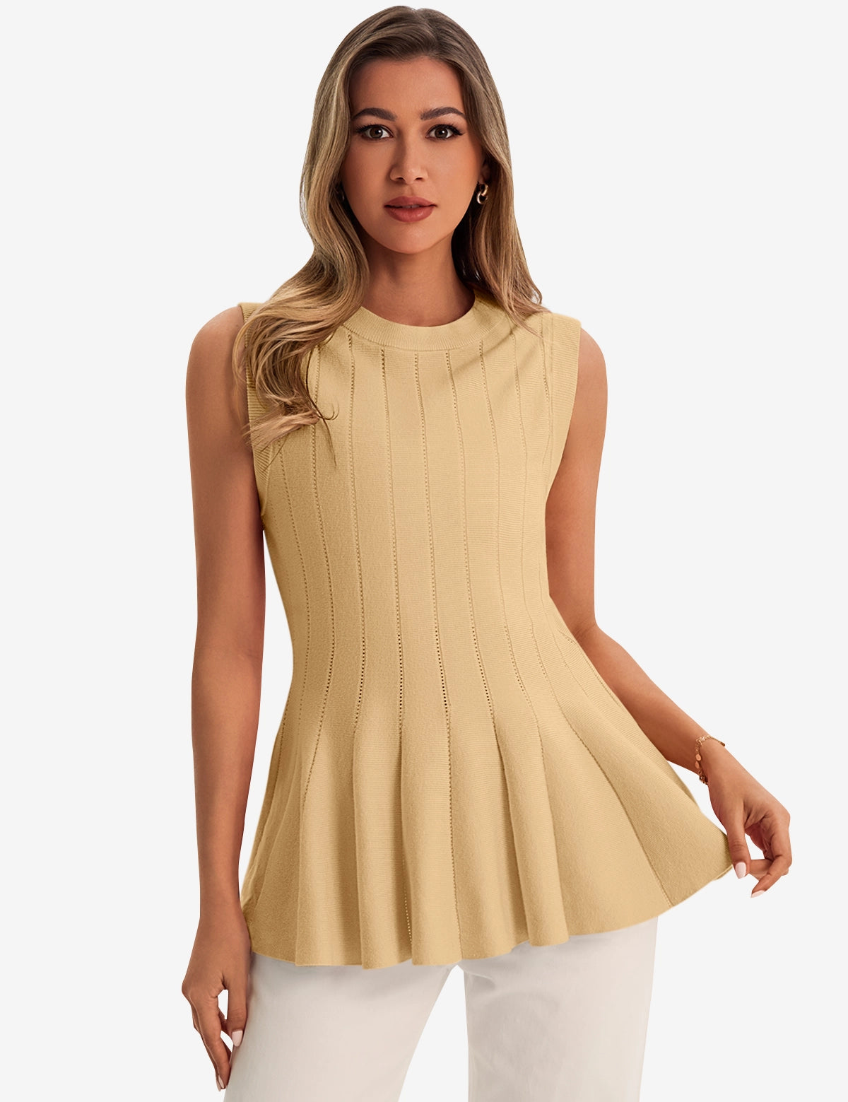 Womens Yellow Pleated Peplum Tank Tops 1