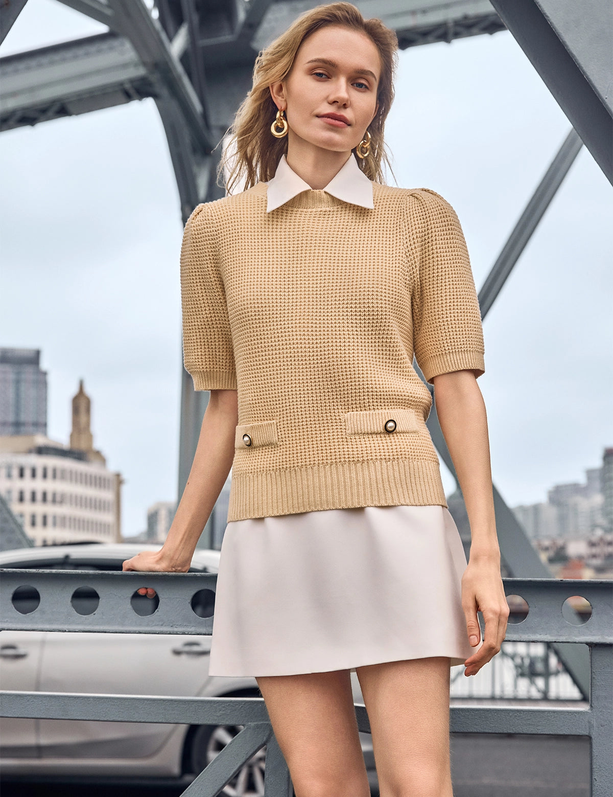 Womens Apricot Puff Short Sleeve Sweaters Tops 1