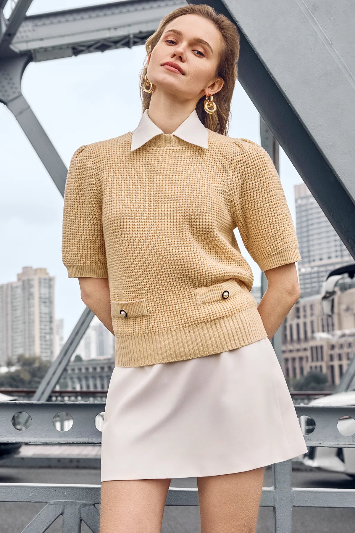 Womens Apricot Puff Short Sleeve Sweaters Tops | CicyBell