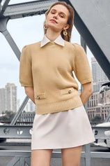 Womens Apricot Puff Short Sleeve Sweaters Tops | CicyBell