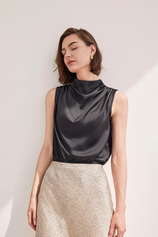 Womens Black Mock Neck Satin Tank Tops 1