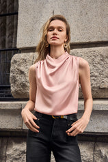 Womens Pink Mock Neck Satin Tank Tops 1