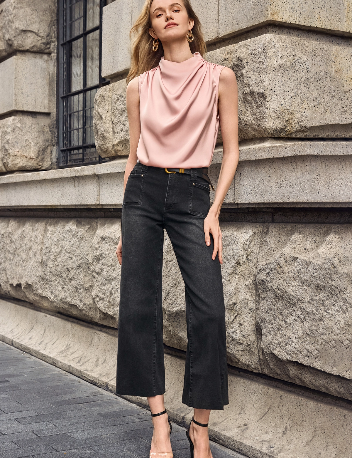 Womens Pink Mock Neck Satin Tank Tops 2