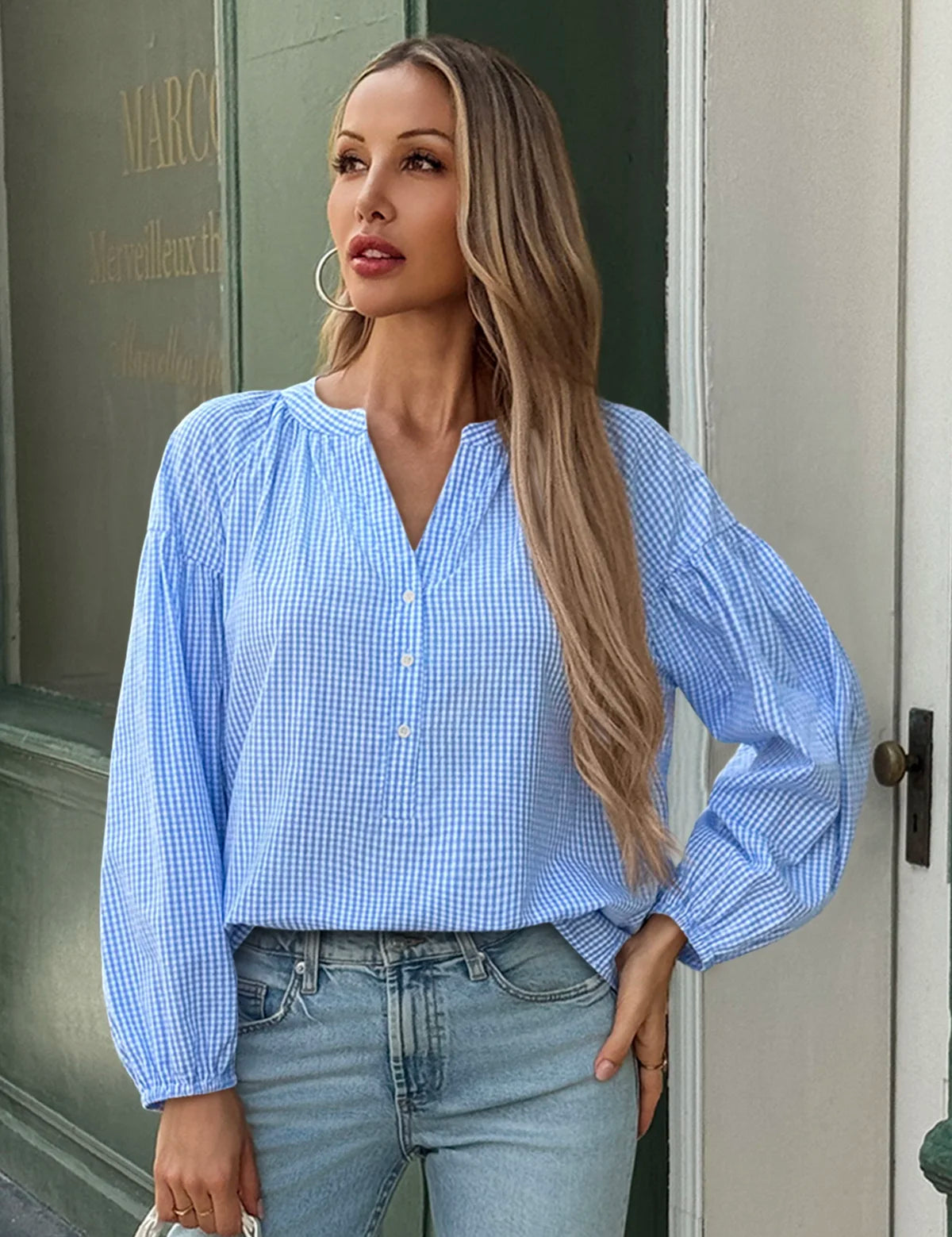 Womens Sky Blue Puff Long Sleeve Blouse 1