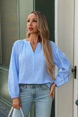 Womens Sky Blue Puff Long Sleeve Blouse 1