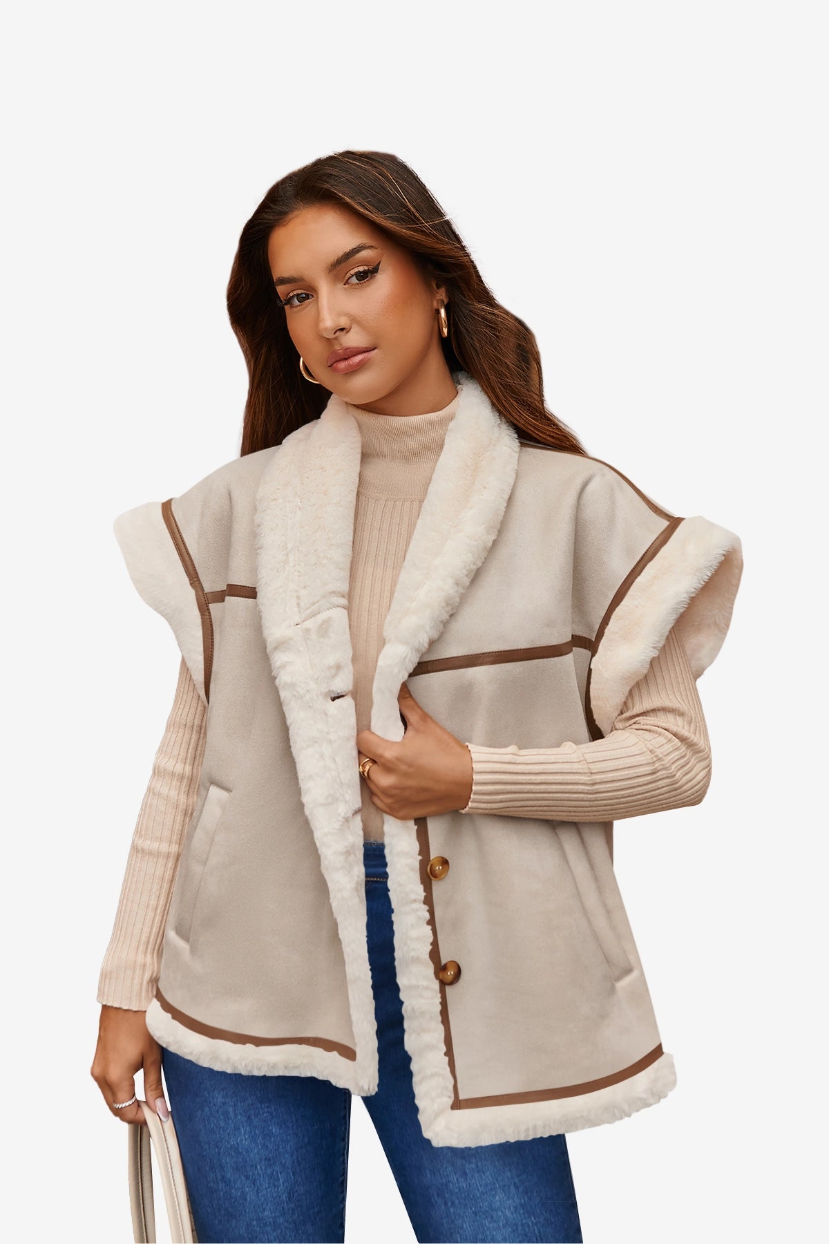 Womens Apricot Suede Sherpa Vest  | CicyBell