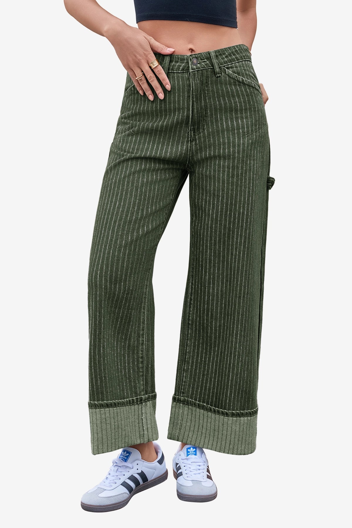 Womens Army Green Striped Wide Leg Jeans  | CicyBell