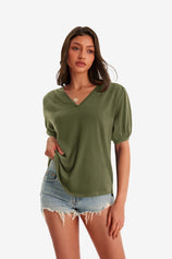 Womens Army Green Summer Puff Short Sleeve T Shirts | CicyBell