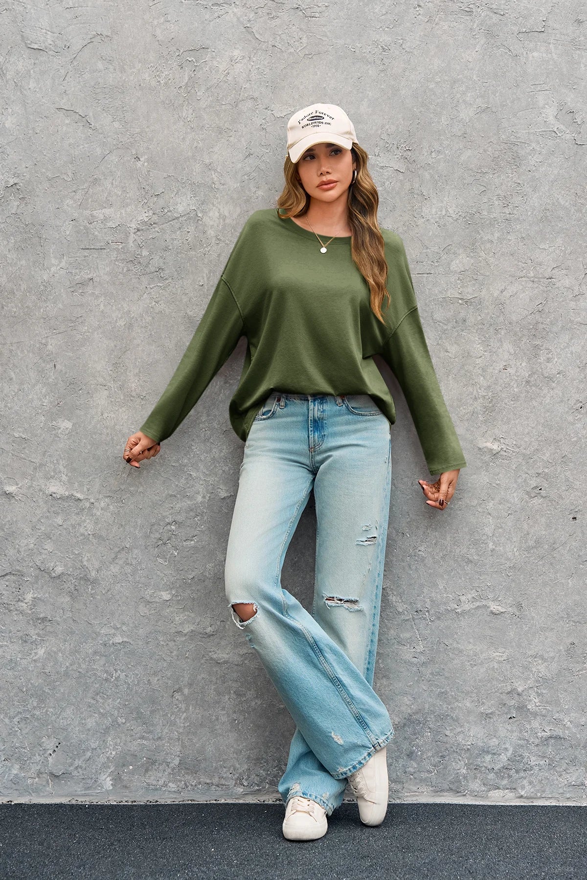 Womens Army Green Oversized Long Sleeve T Shirts | CicyBell