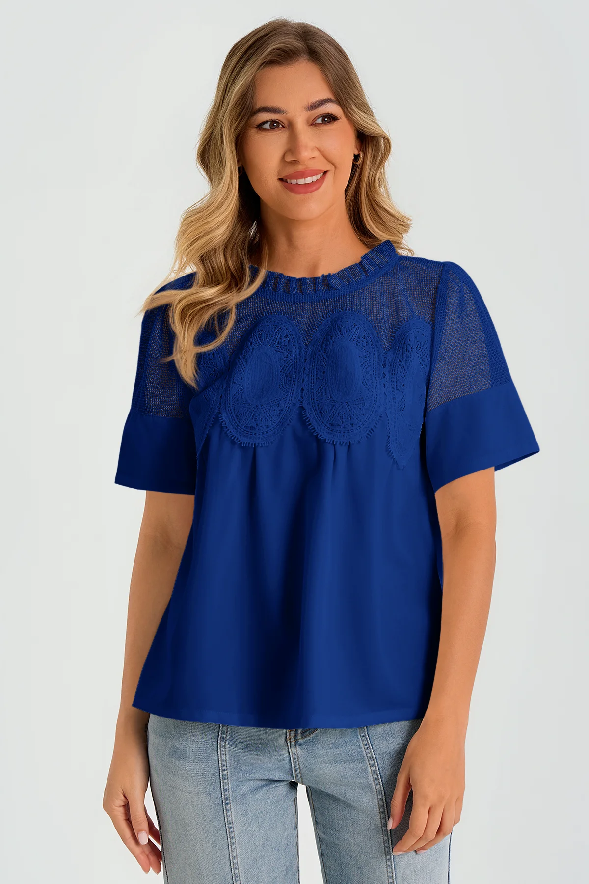 Womens Baby Blue Flowy Lace Blouses | CicyBell